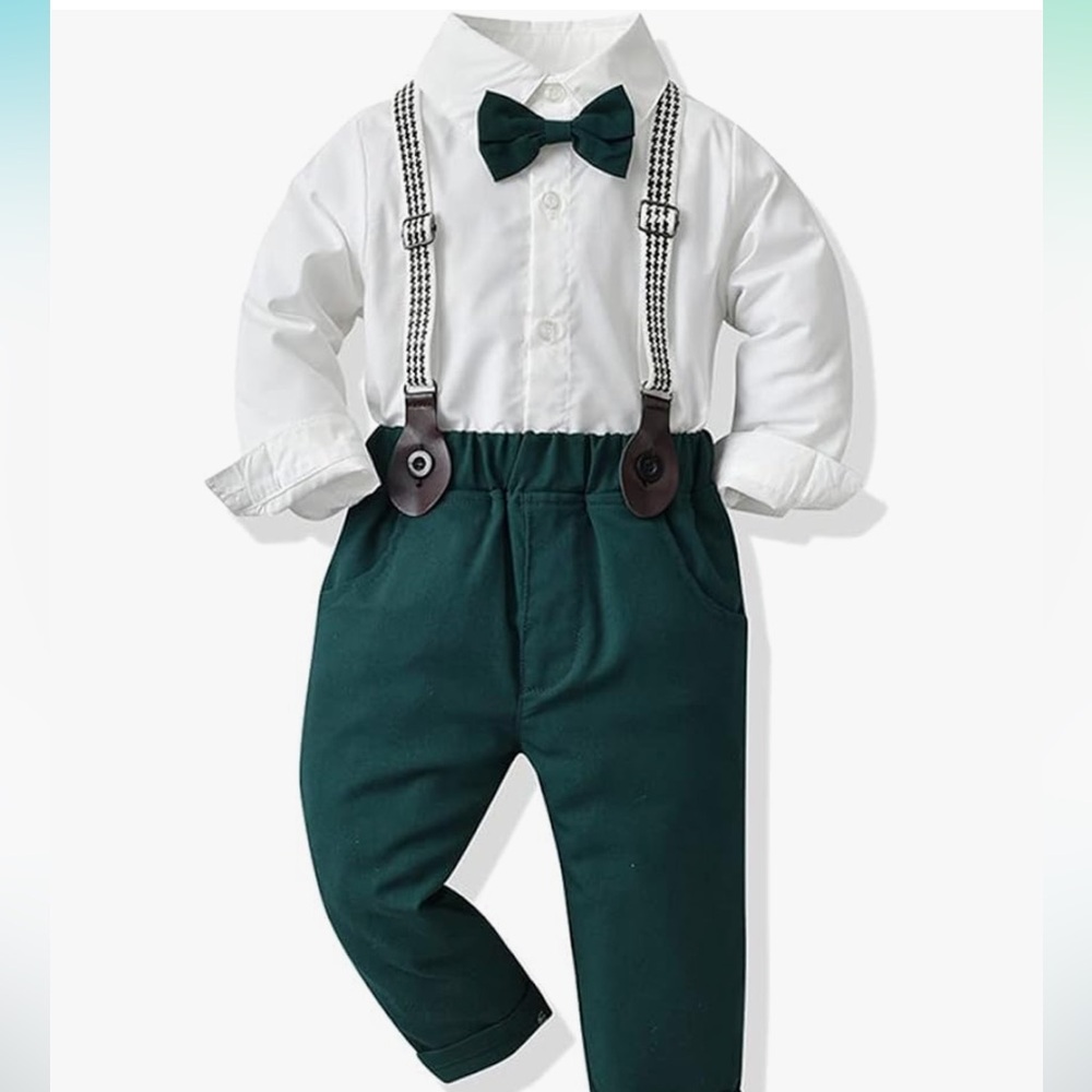 Toddler Boy Formal Clothes Christmas Outfit Dress Shirt Bowtie Suspender 3-4T